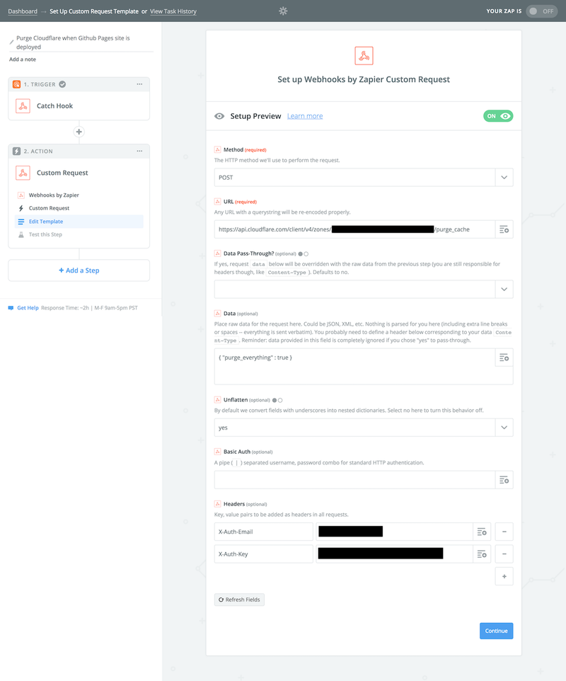 Zapier webhook custom request configuration